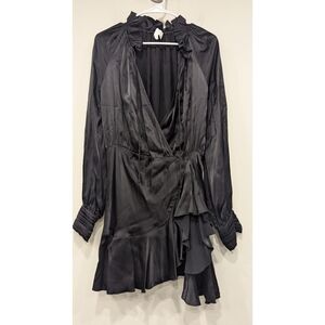 Divine Heritage Black Satin Faux Wrap Long Sleeve Mini Dress Size Small